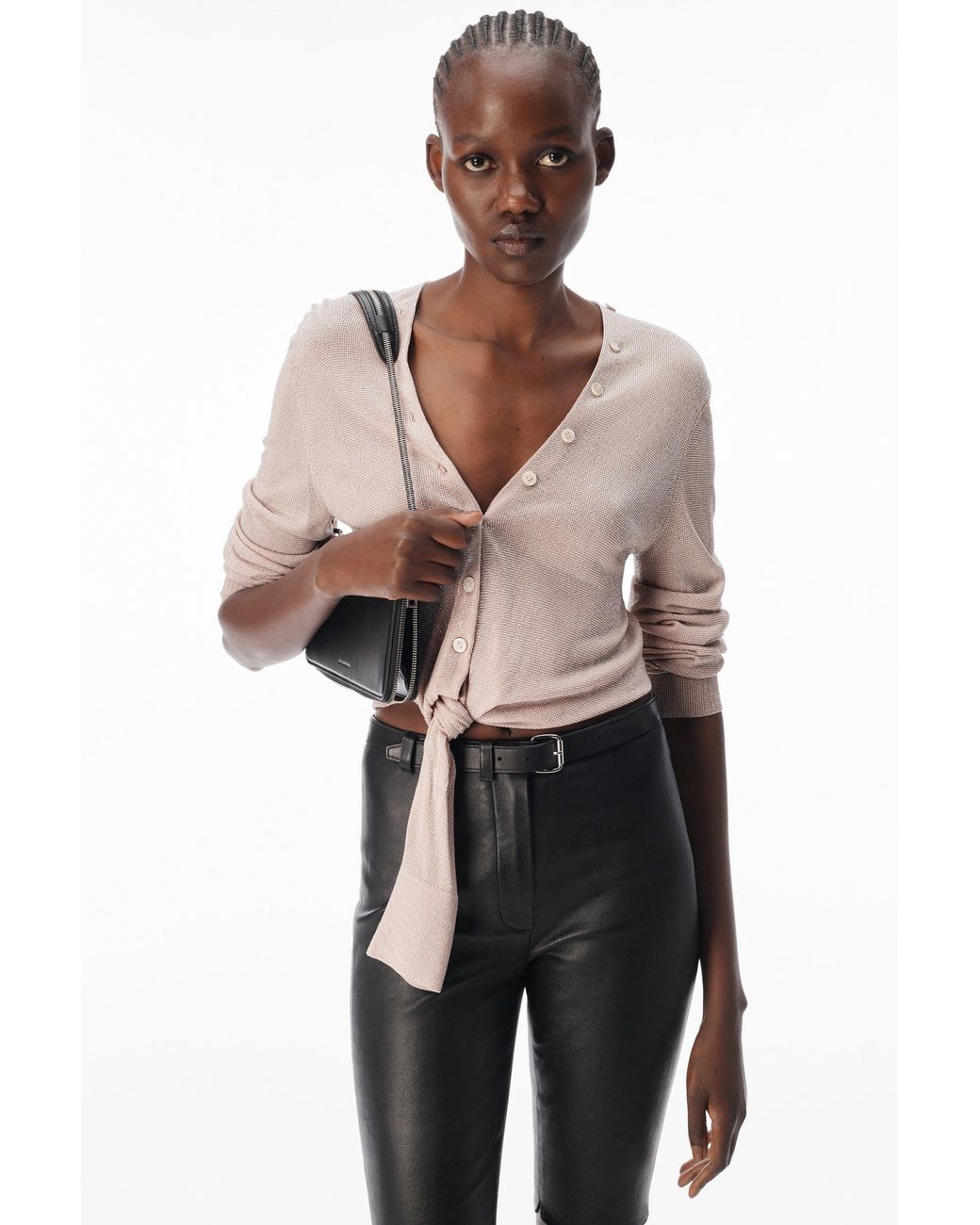 Alexander Wang Black Crystal Hotfix Knotted Deep V-Neck Cardigan