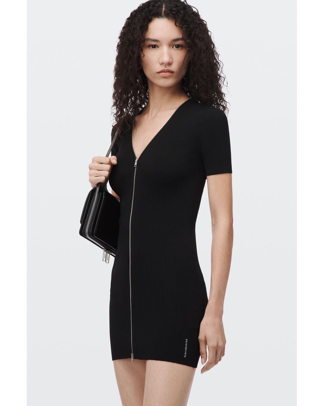 Alexander Wang Black Pointelle Knit Mini Dress With Front Zip