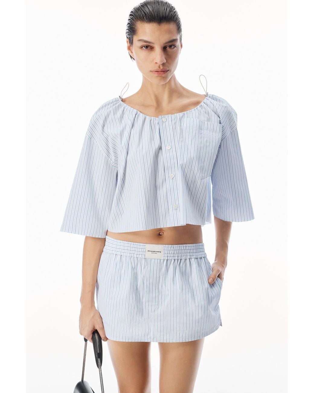Alexander Wang Blue Off-Shoulder Cropped Shirt With Bungee Drawcord