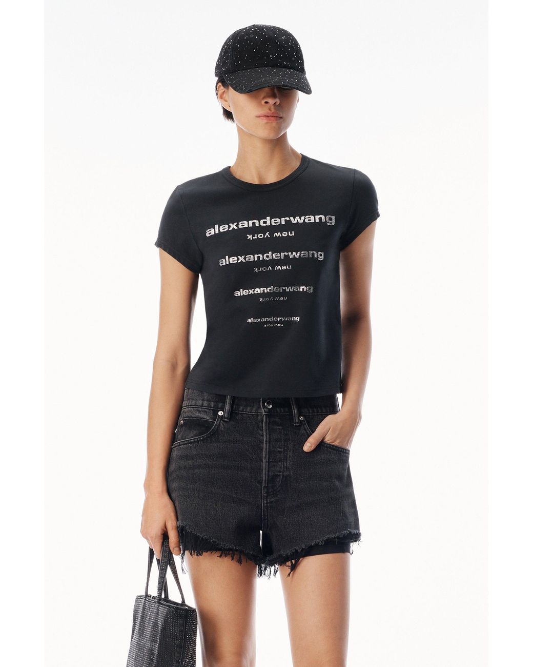 Alexander Wang White Crystal Hotfix Gradient Logo Fitted Tee