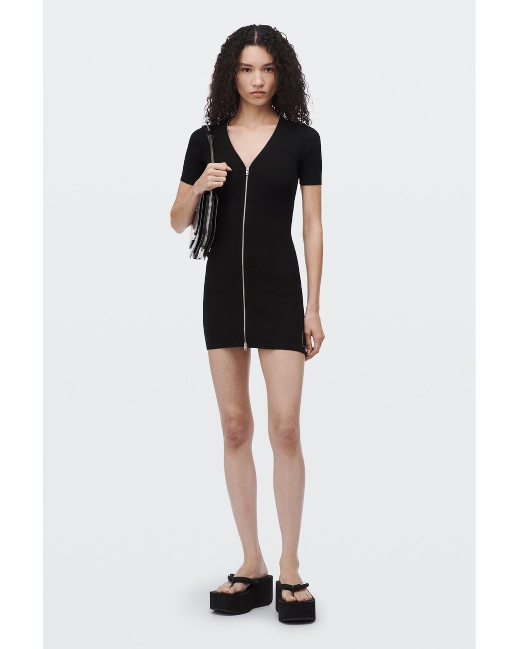Alexander Wang Black Pointelle Knit Mini Dress With Front Zip