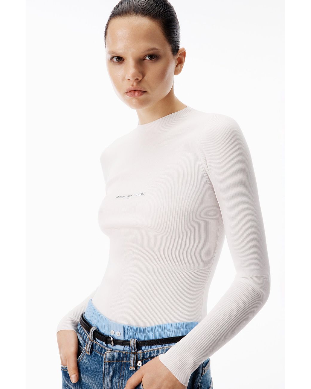 Alexander Wang Black Jacquard Logo Long Sleeve Crewneck Top