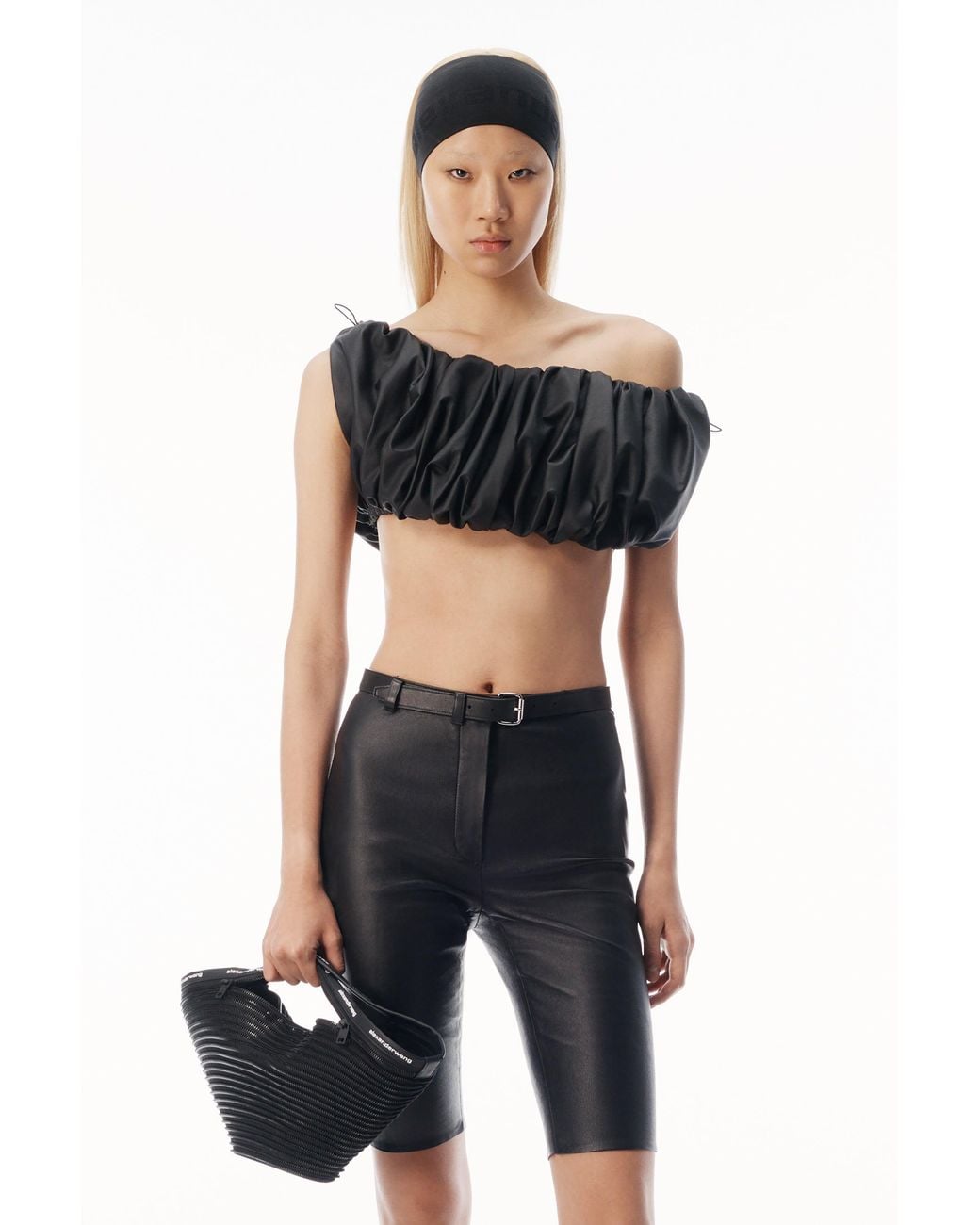 Alexander Wang Black Leather Cropped Off Shoulder Gathered Bra Top