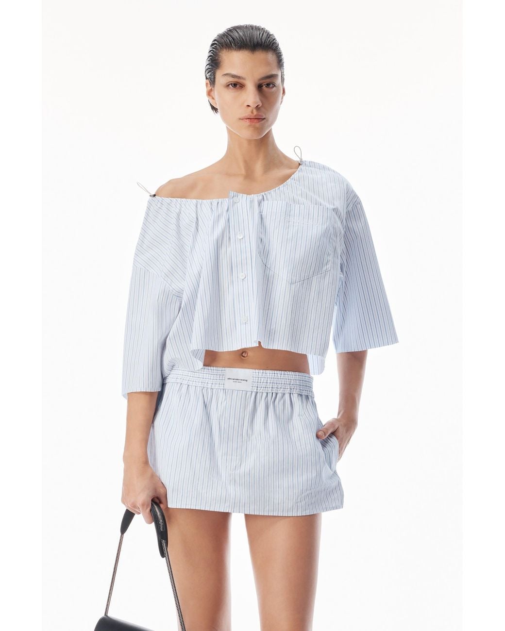 Alexander Wang Blue Off-Shoulder Cropped Shirt With Bungee Drawcord
