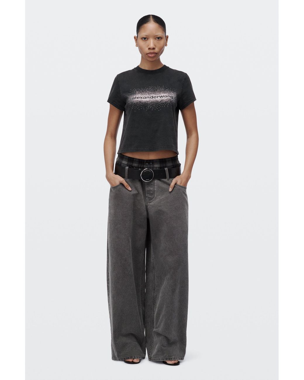 Alexander Wang White Crystal Hotfix Logo Shrunken Short Sleeve Tee