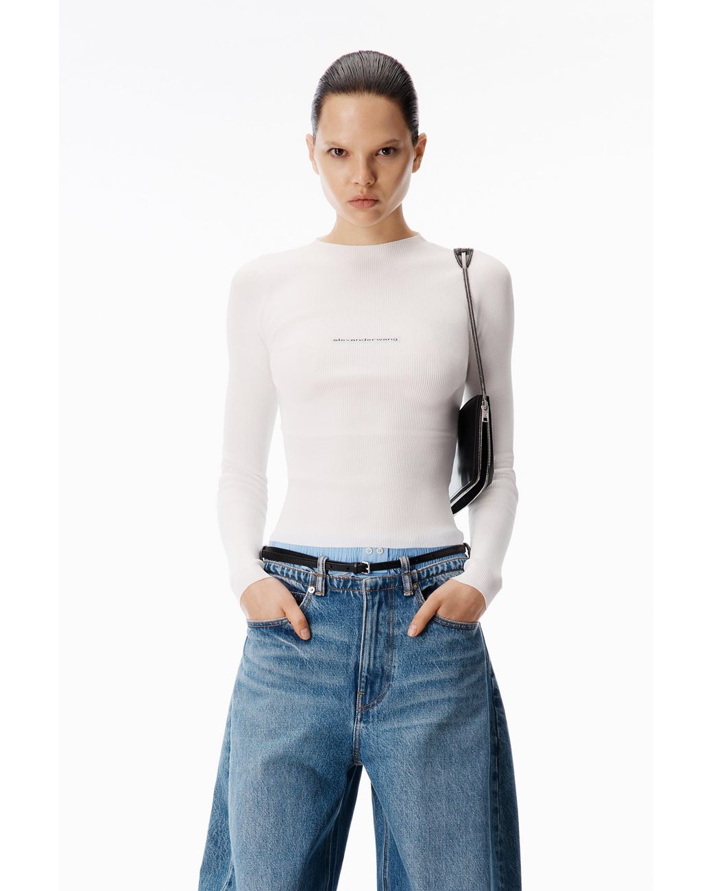 Alexander Wang Black Jacquard Logo Long Sleeve Crewneck Top