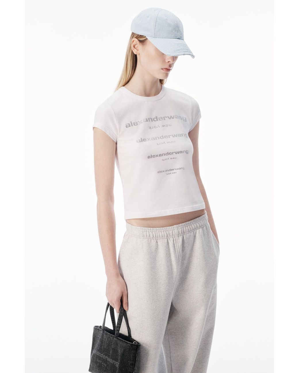 Alexander Wang White Crystal Hotfix Gradient Logo Fitted Tee