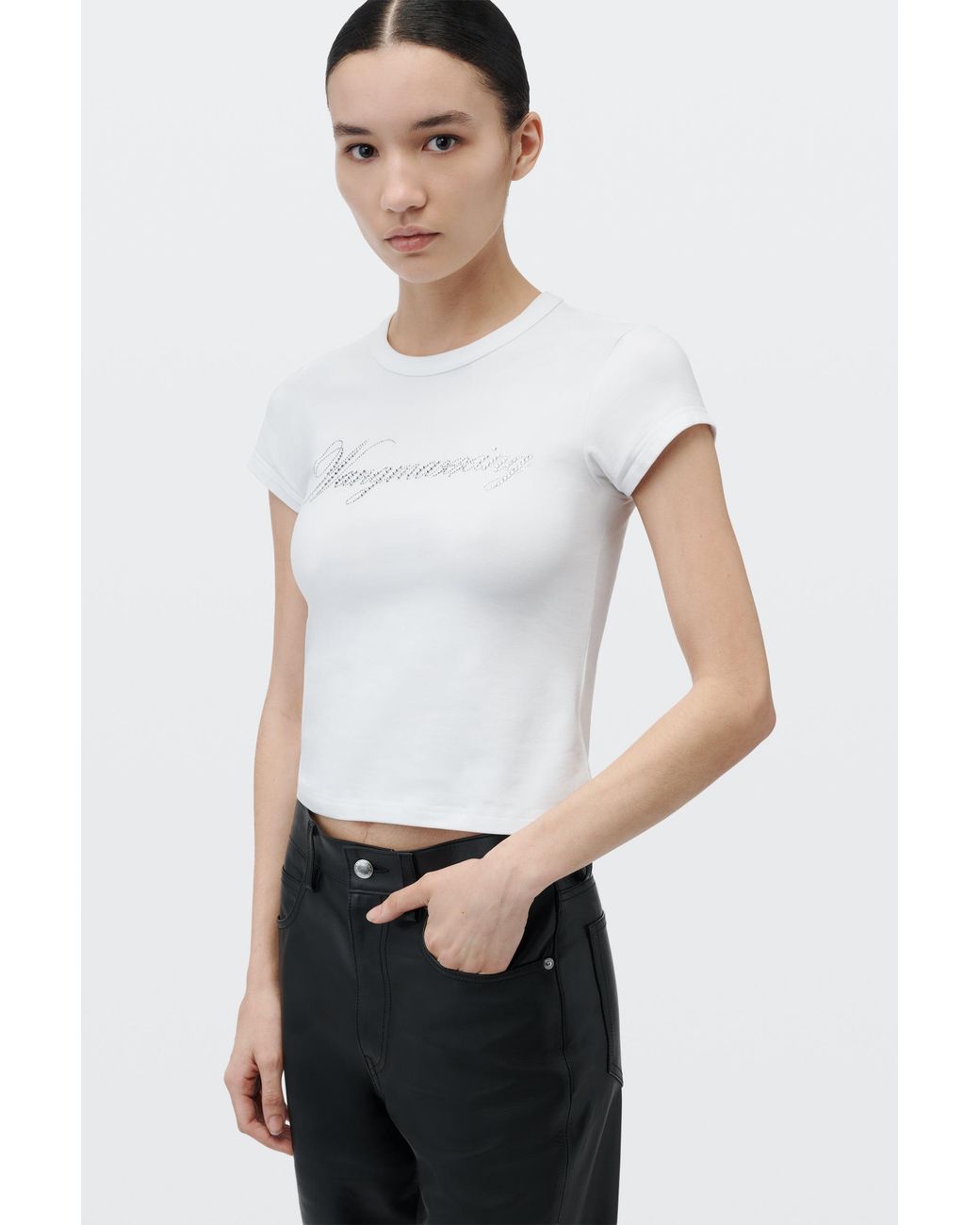 Alexander Wang White Crystal Hotfix Graphic Fitted Tee