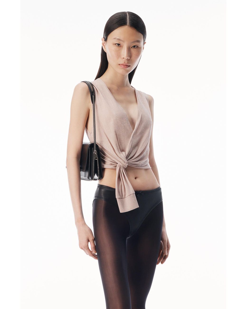 Alexander Wang Black Crystal Hotfix Deep V-Neck Knotted Tank