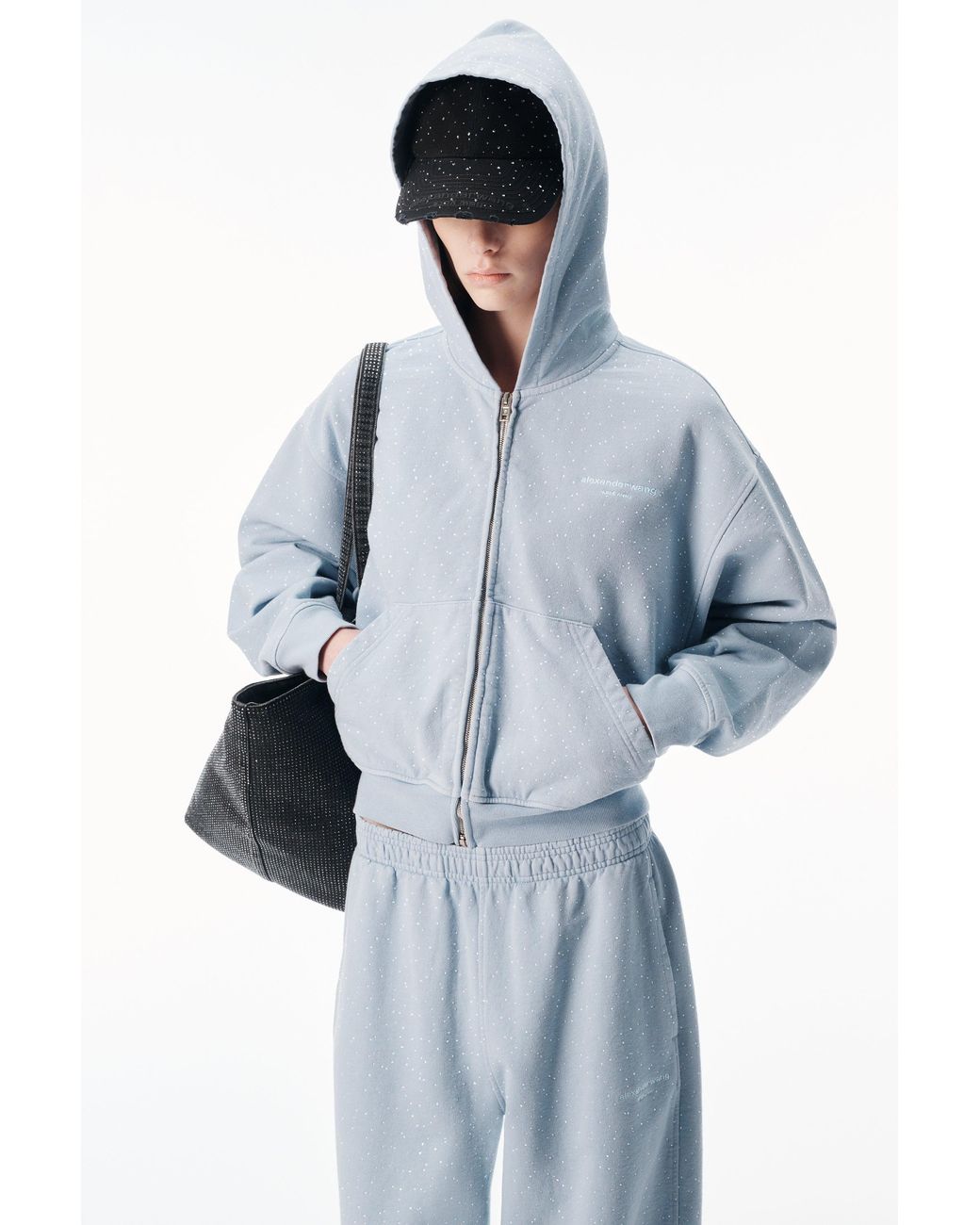 Alexander Wang Gray Crystal Hotfix Zip-Up Hoodie