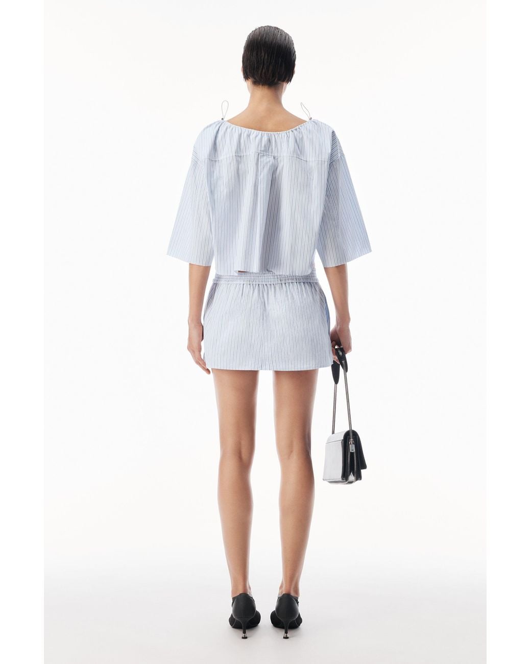 Alexander Wang Blue Off-Shoulder Cropped Shirt With Bungee Drawcord