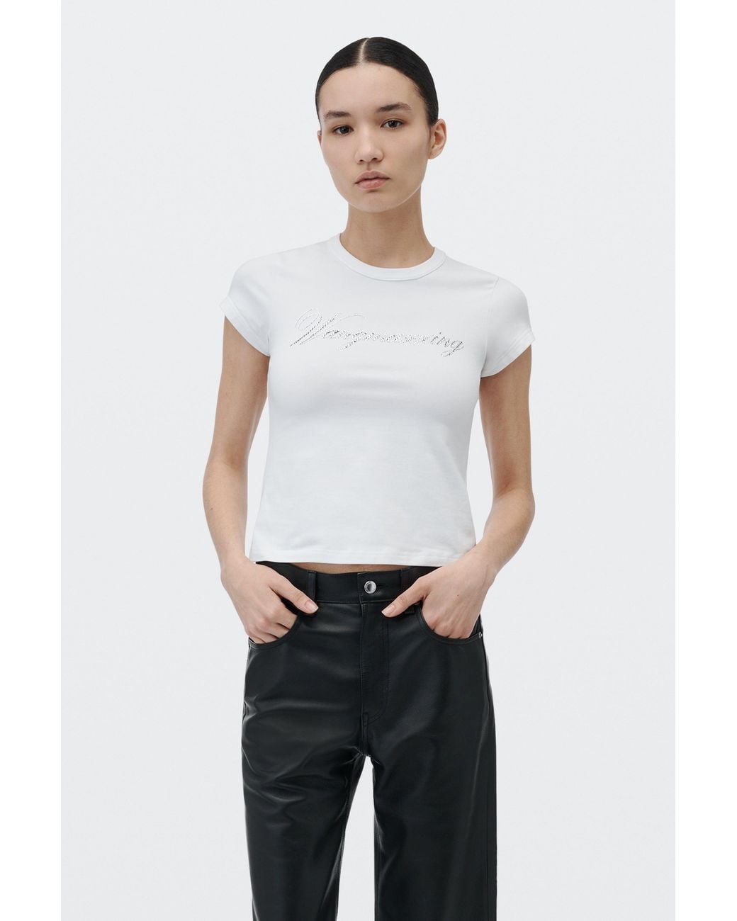 Alexander Wang White Crystal Hotfix Graphic Fitted Tee