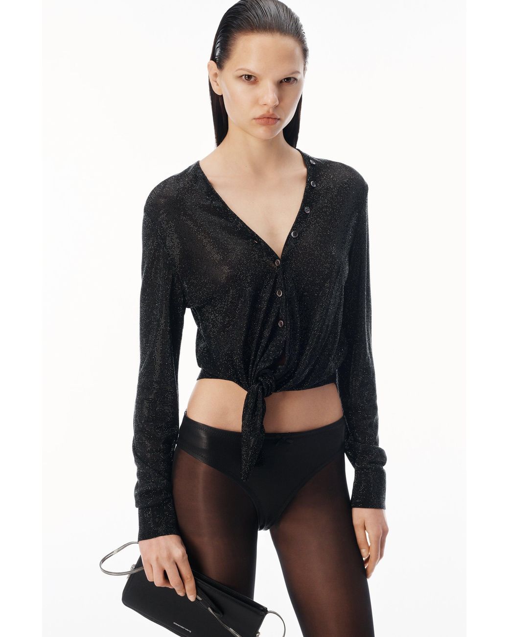 Alexander Wang Black Crystal Hotfix Knotted Deep V-Neck Cardigan