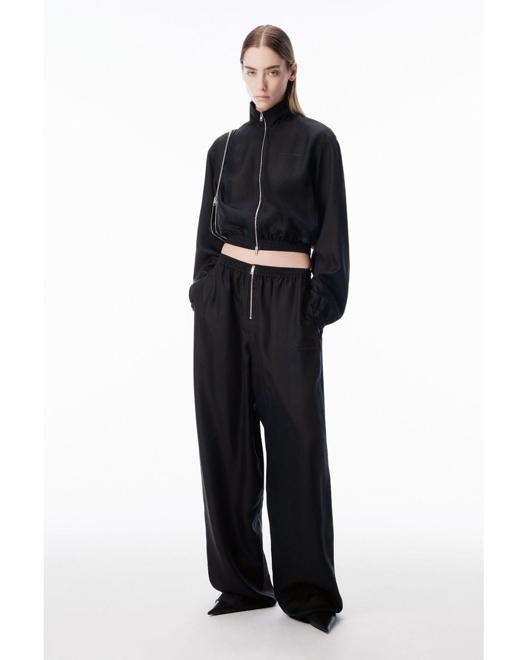 Alexander Wang Black Silk Twill Cropped Track Jacket