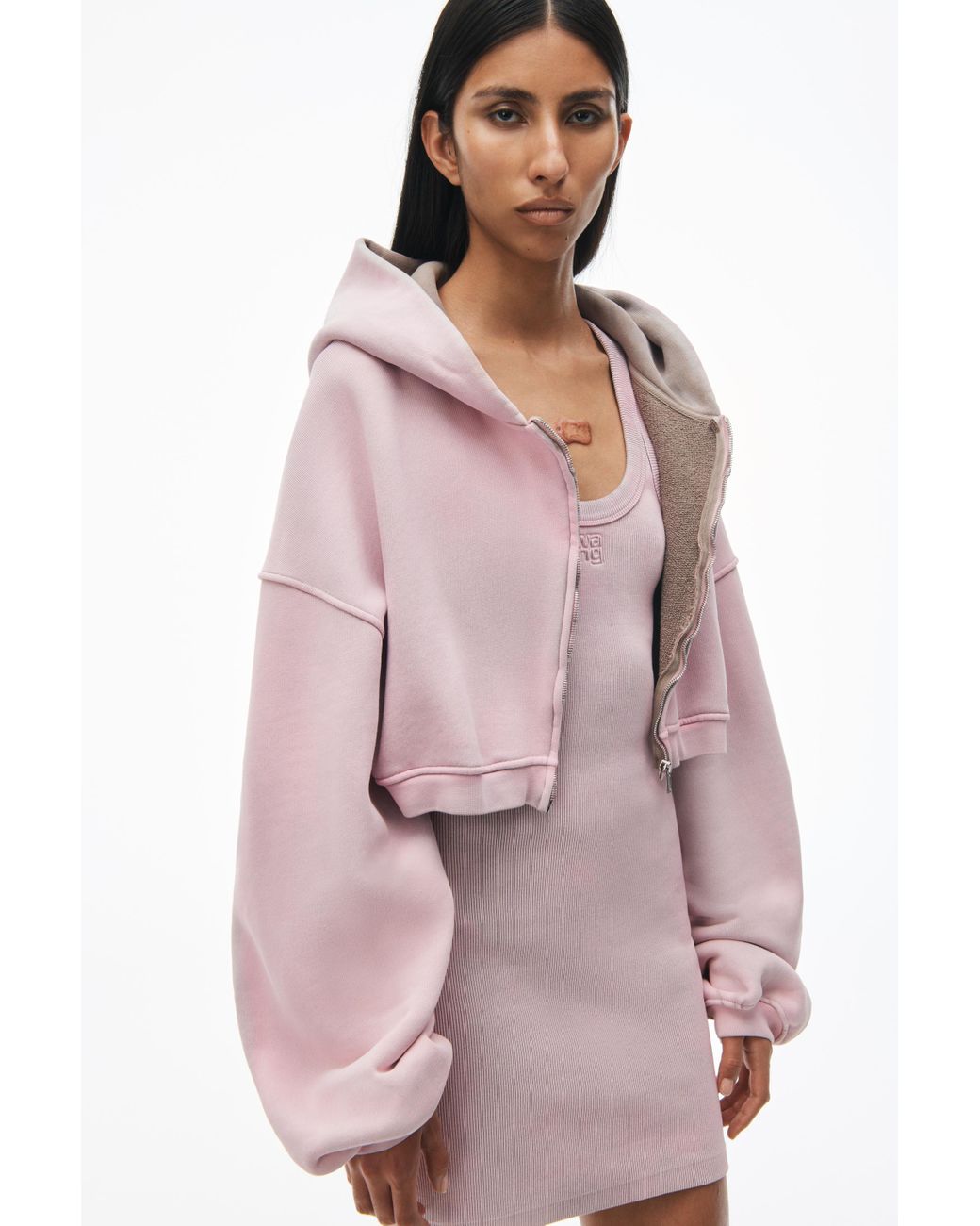 Alexander Wang Crop Zip Up Hoodie In Classic Terry in Pink | Lyst