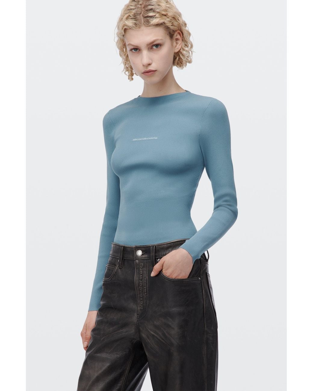 Alexander Wang Black Jacquard Logo Long Sleeve Crewneck Top