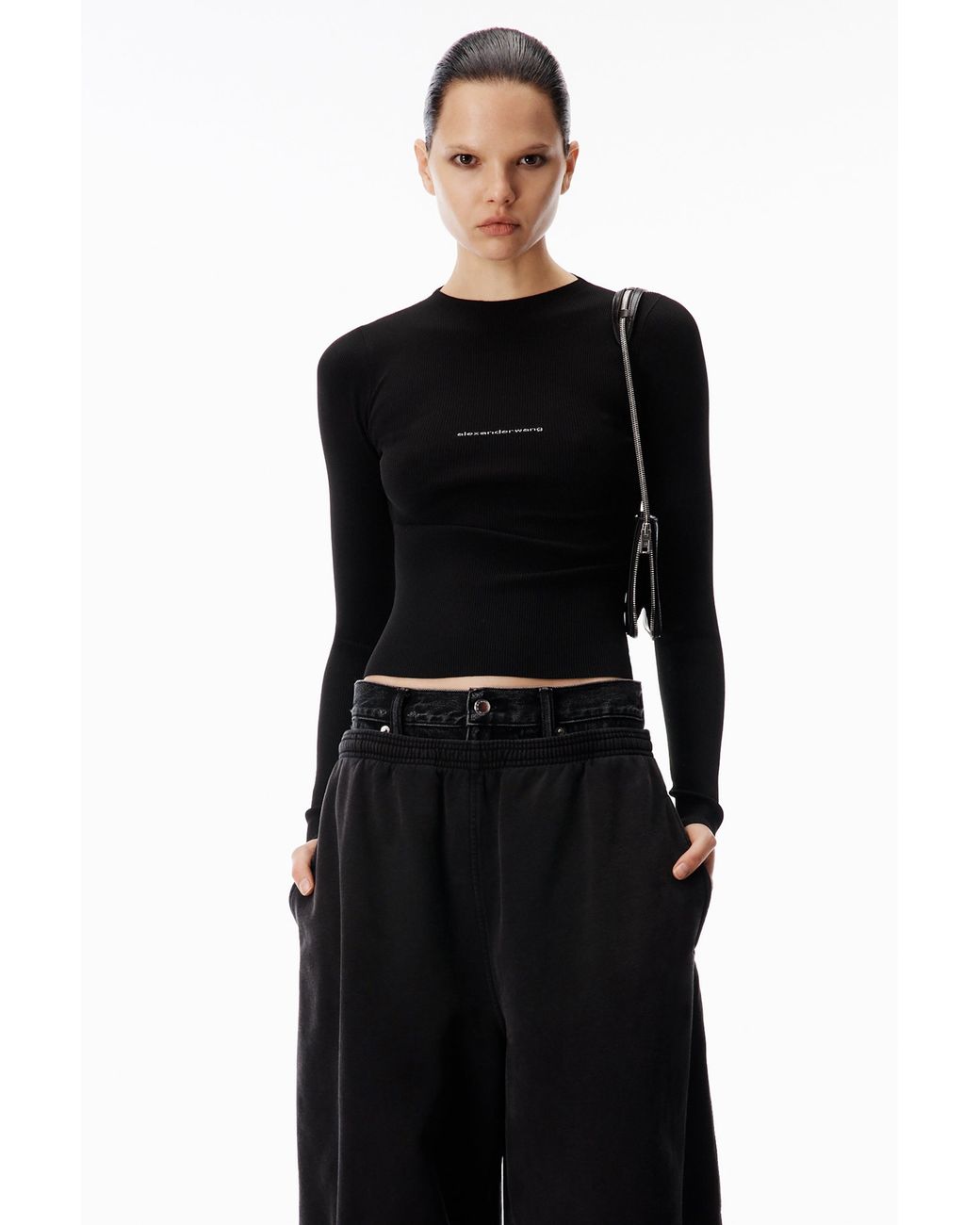 Alexander Wang Black Jacquard Logo Long Sleeve Crewneck Top