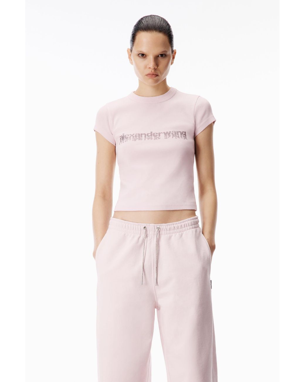 Alexander Wang Pink Crystal Hotfix Logo Cotton Baby Tee