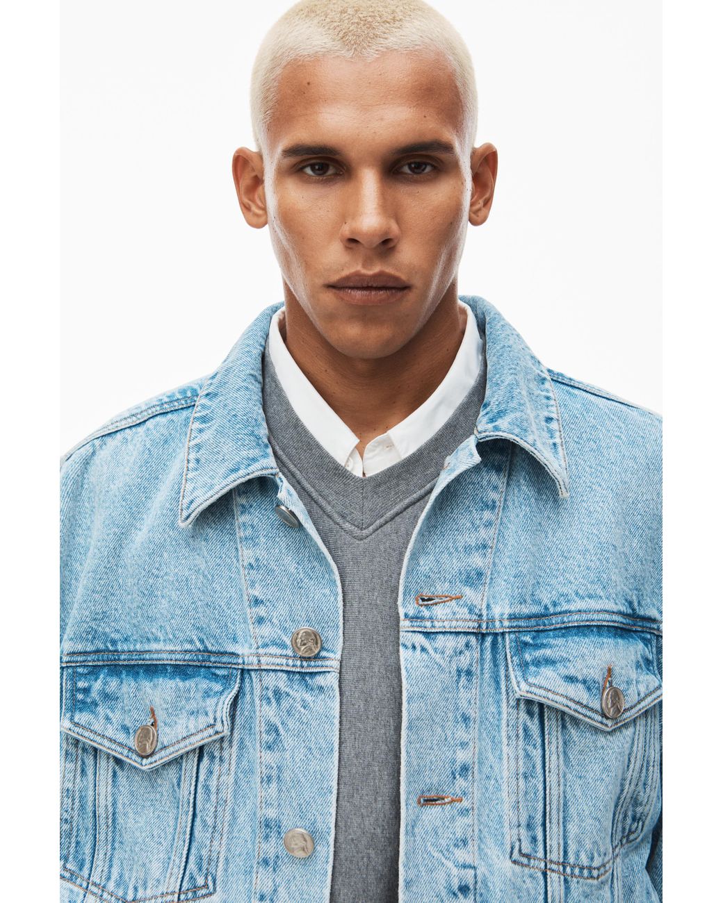 Alexander Wang Leather Belted Jacket In Denim in Blue for Alexander Wang Leather Belted Jacket In Denim in Blue for