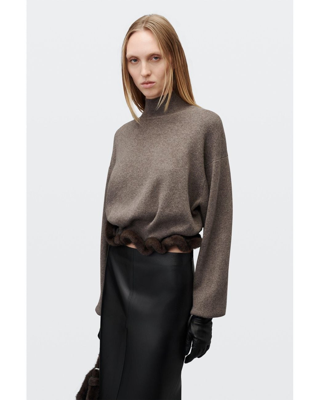 Alexander Wang Brown Faux Fur Trim Turtleneck