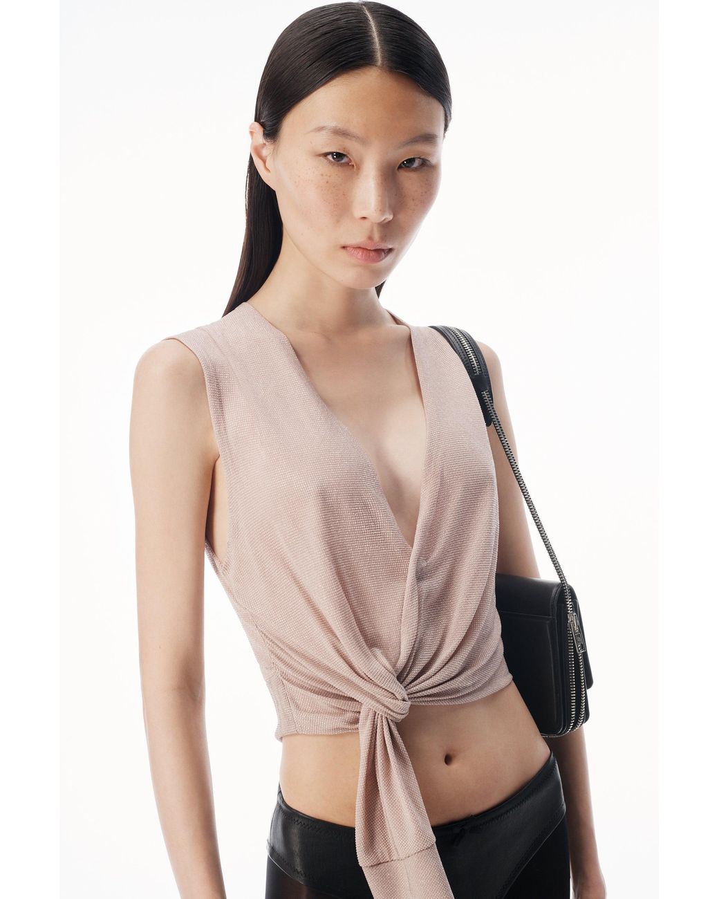 Alexander Wang Black Crystal Hotfix Deep V-Neck Knotted Tank