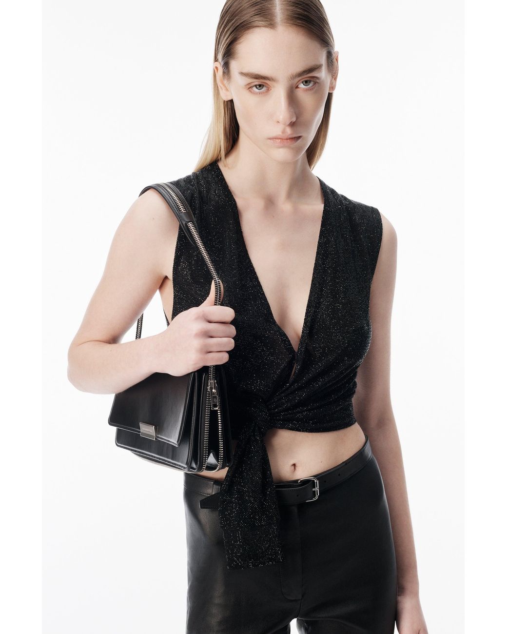 Alexander Wang Black Crystal Hotfix Deep V-Neck Knotted Tank