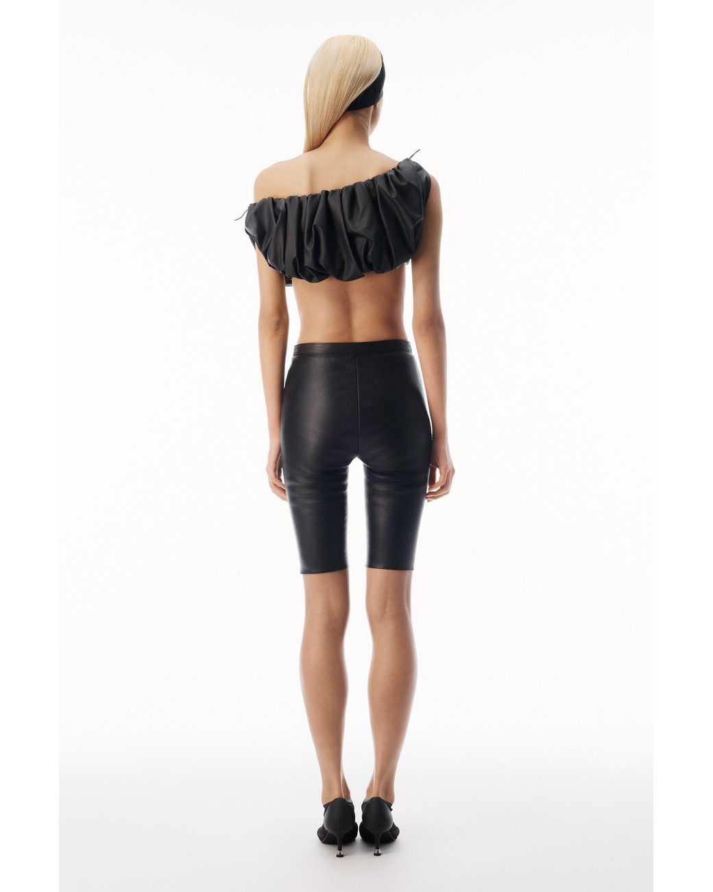 Alexander Wang Black Leather Cropped Off Shoulder Gathered Bra Top