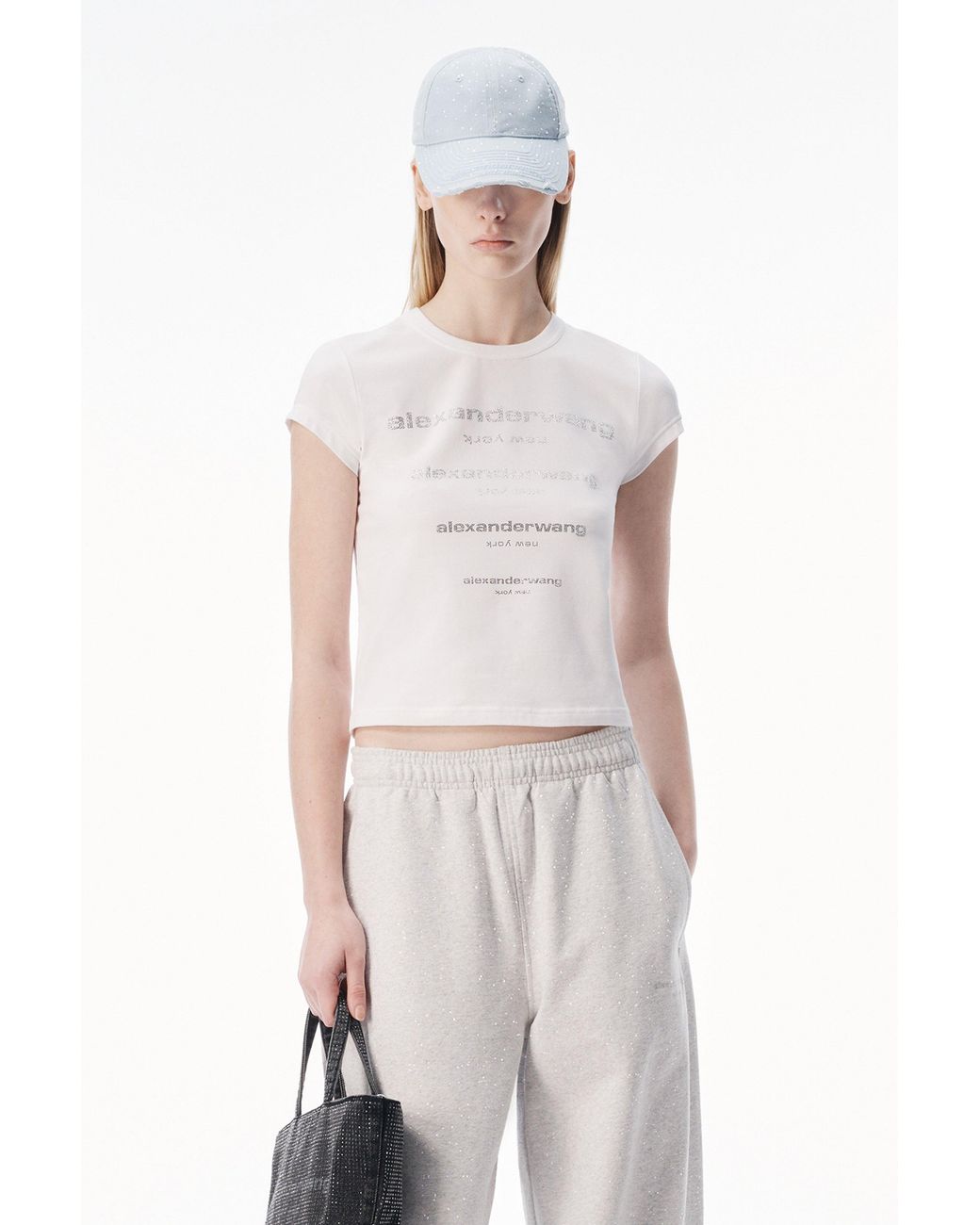 Alexander Wang White Crystal Hotfix Gradient Logo Fitted Tee
