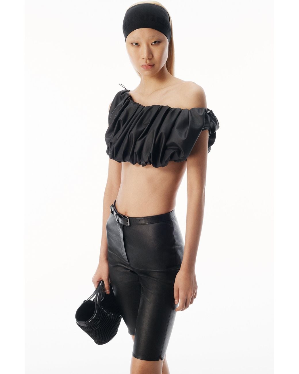 Alexander Wang Black Leather Cropped Off Shoulder Gathered Bra Top