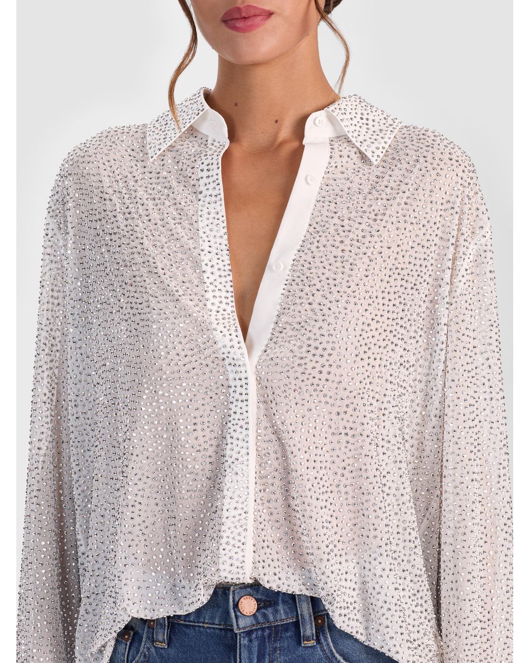 Alice + Olivia Finely Embellished Oversized Button Down in White | Lyst