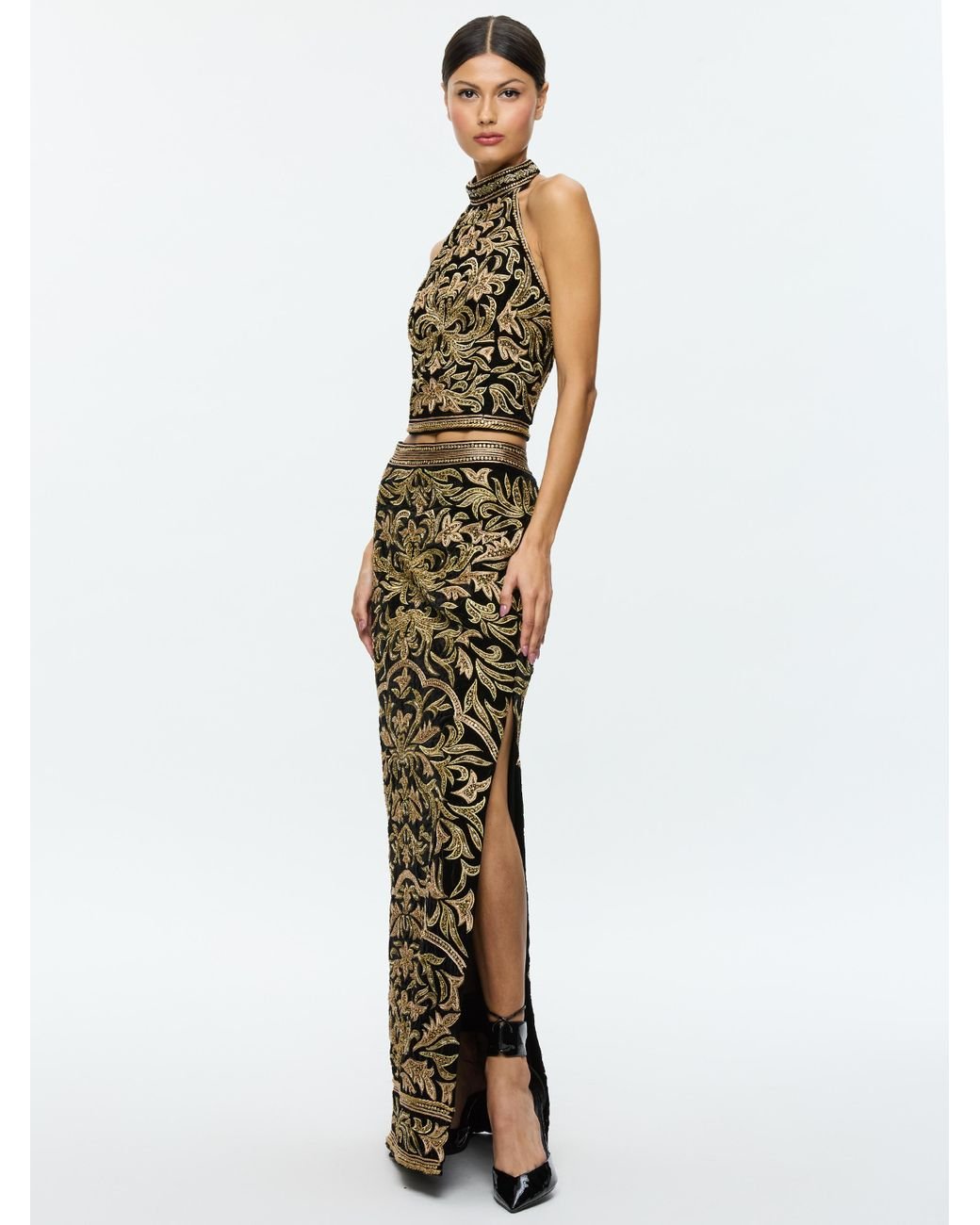 【Alice+Olivia】IVEY スパンコール プリーツ マキシスカート Ivey Pleated Skirt Maxi Dress In After Sunset | Alice + Olivia