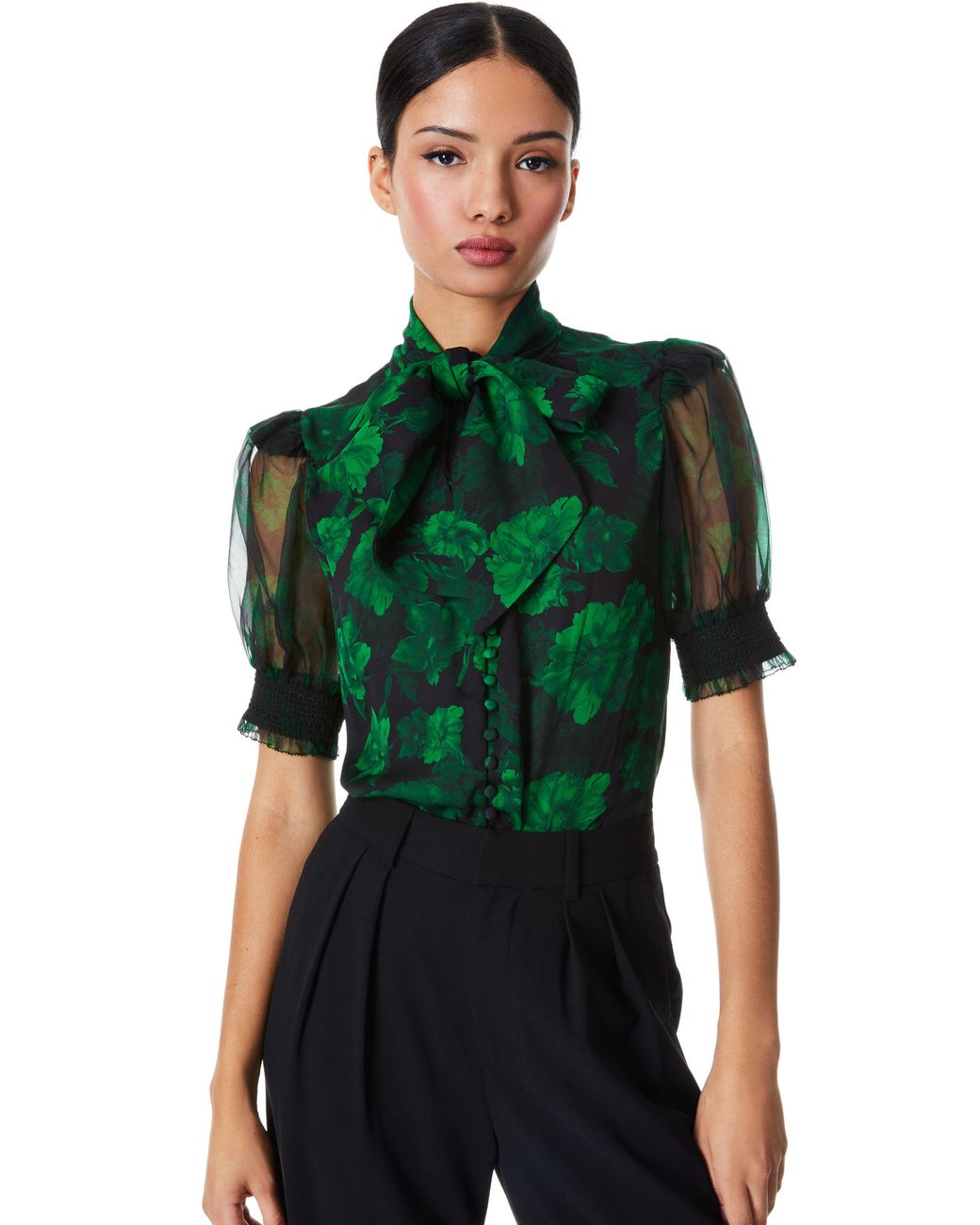 Alice + Olivia Brentley Tie Neck Puff Sleeve Blouse in Green | Lyst