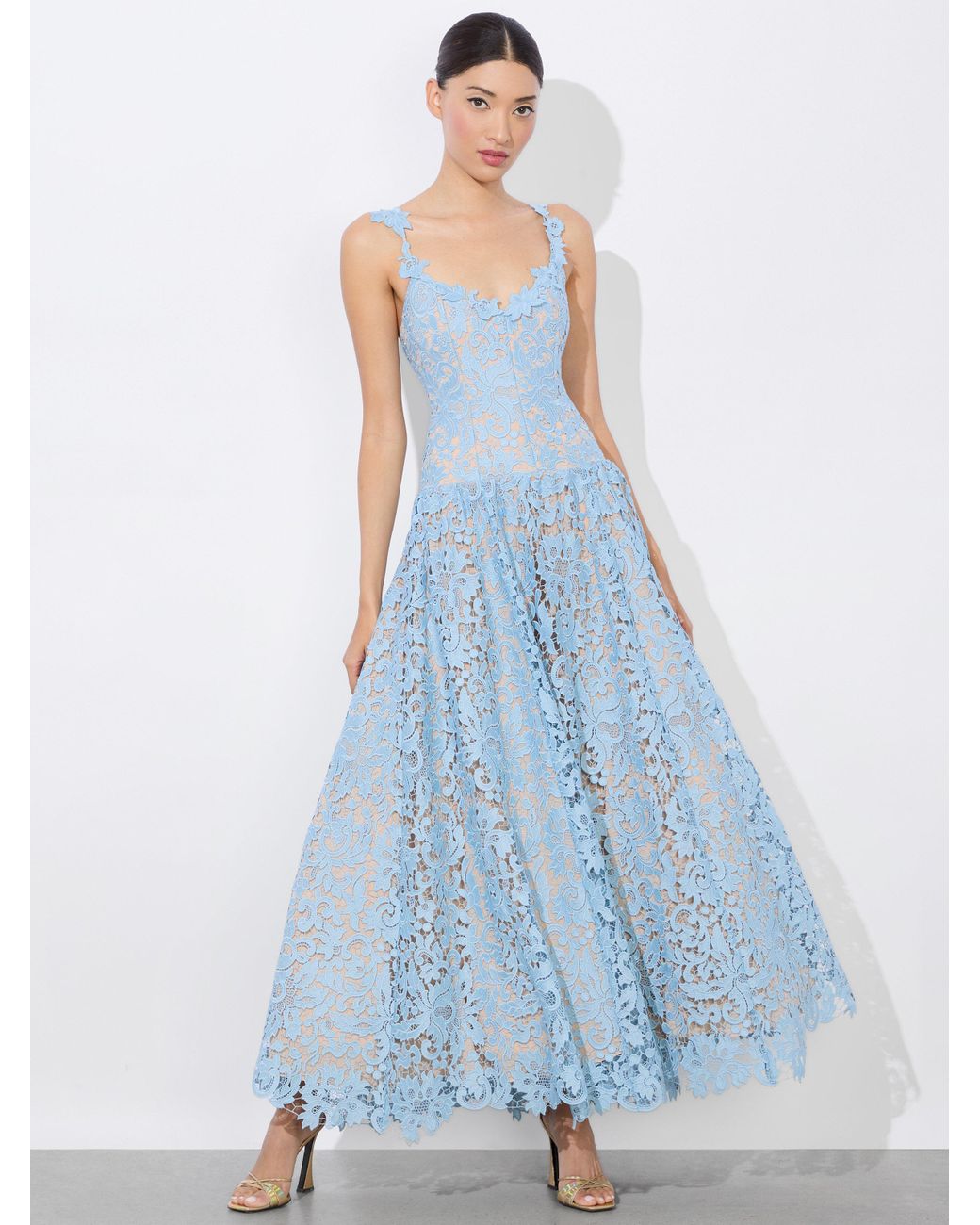 Alice + Olivia Anabella Drop Waist Midi Dress in Blue | Lyst