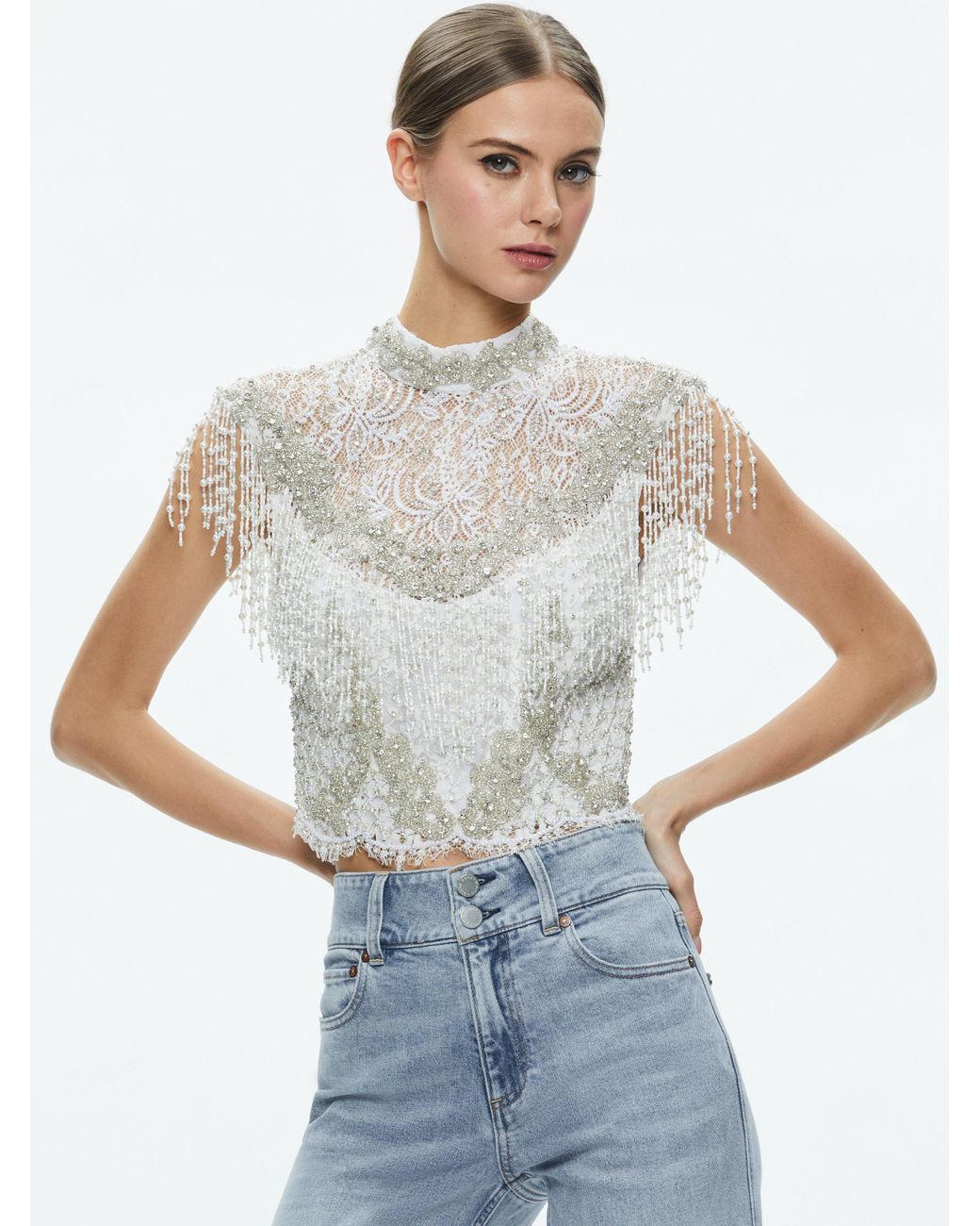 Alice + Olivia Isadora Mock-Neck Lace Top | Lace top, Sheer