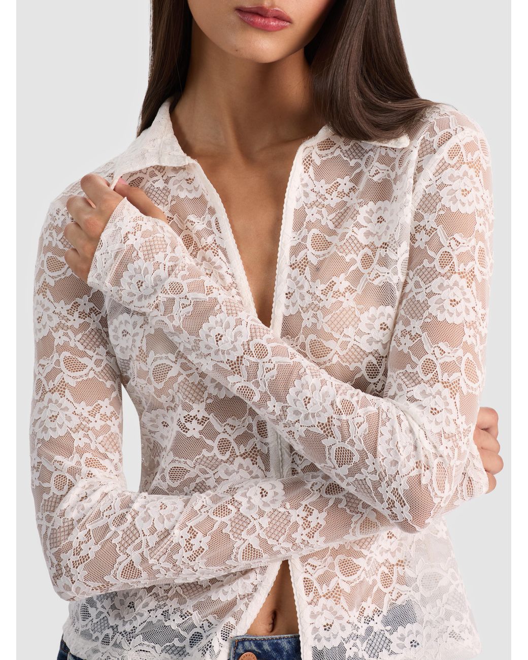 Alice + Olivia Blue Kara Lace Button Down