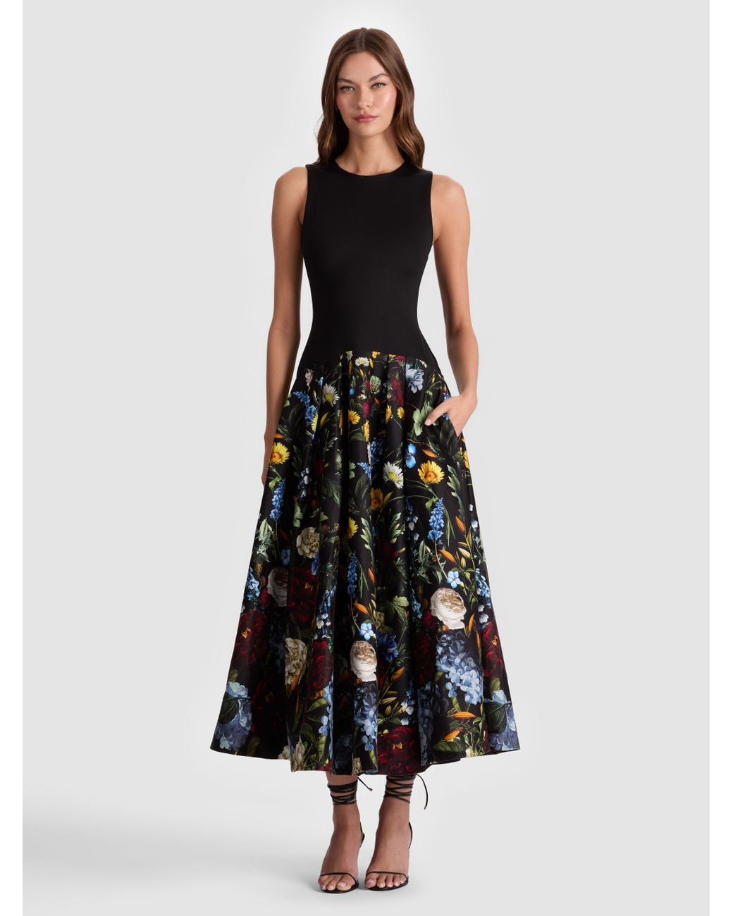 alice and olivia black dress with flowers CLYDE MINI DRESS in BLACK MULTI