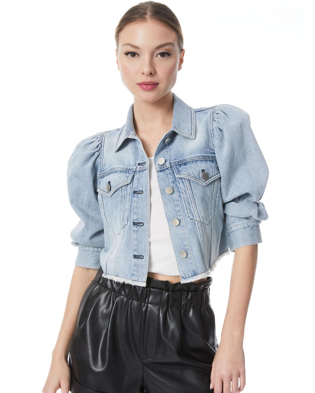 Alice Olivia Lana Puff Sleeve Denim Jacket With Raw Hem in Blue