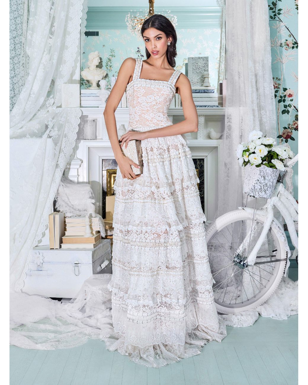 chinese dress ladies alice + olivia Women's Cailin Tunic Tiered Midi Dress, Off White, L at  Amazon Women's Clothing store main image 1