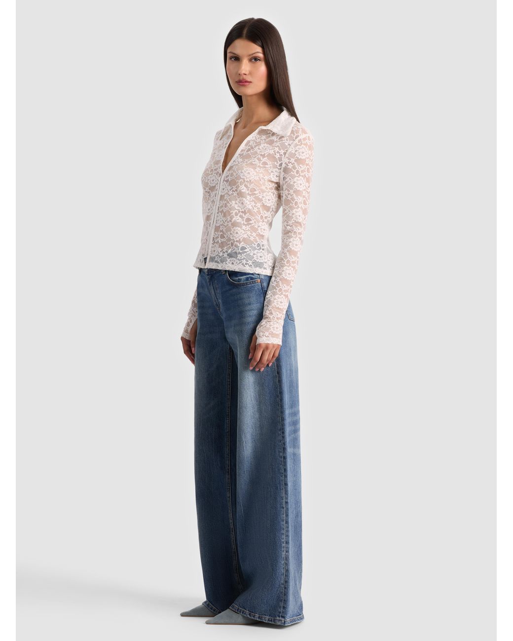 Alice + Olivia Blue Kara Lace Button Down