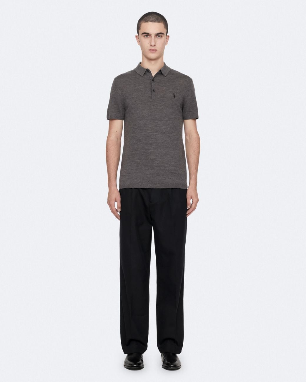 AllSaints Gray Mode Merino Short Sleeve Ramskull Polo Shirt for men