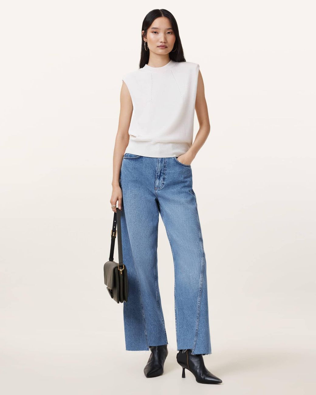 AllSaints Blue Fox Asymmetric Hem Wide Leg Denim Jeans