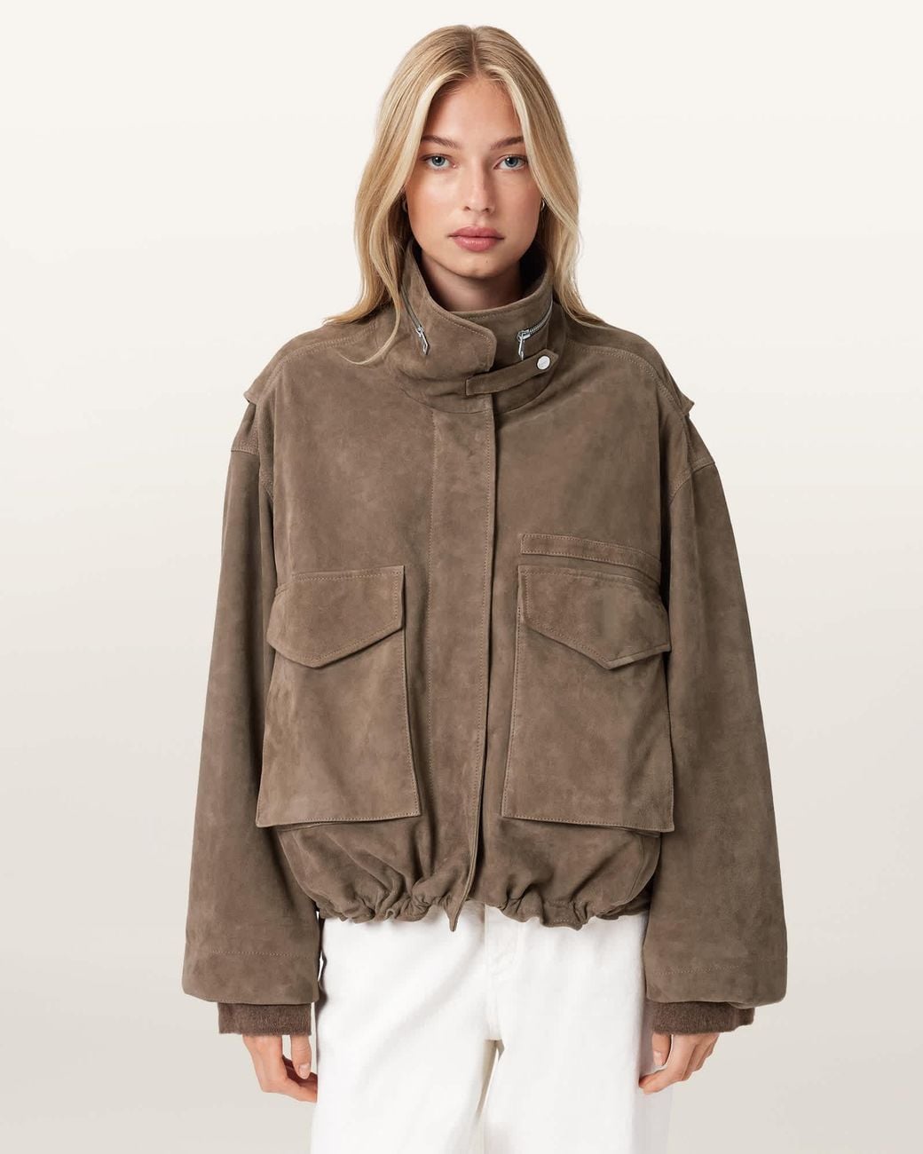 AllSaints Brown Clay Funnel Neck Suede Cropped Jacket