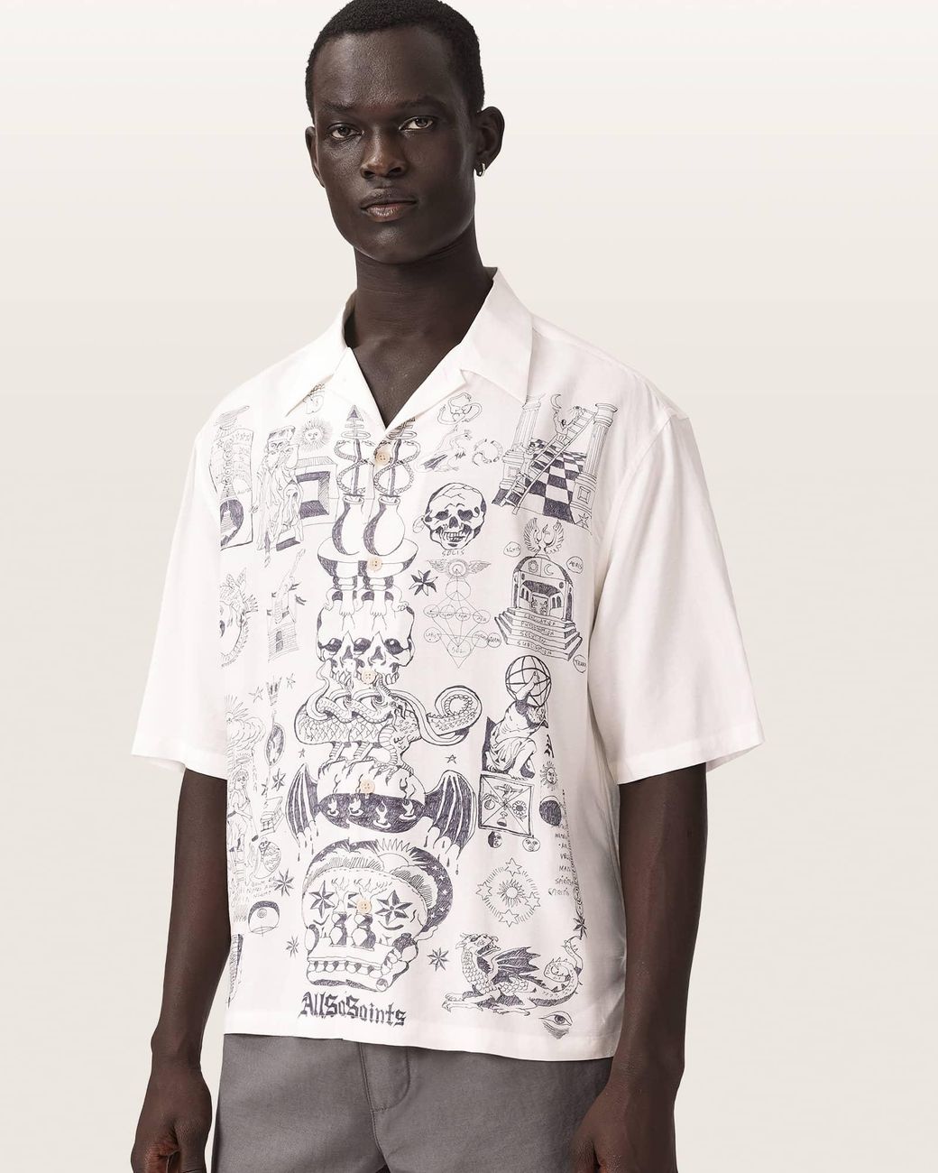 AllSaints Natural Ignis Oversized Short Sleeve Printed Shirt for men