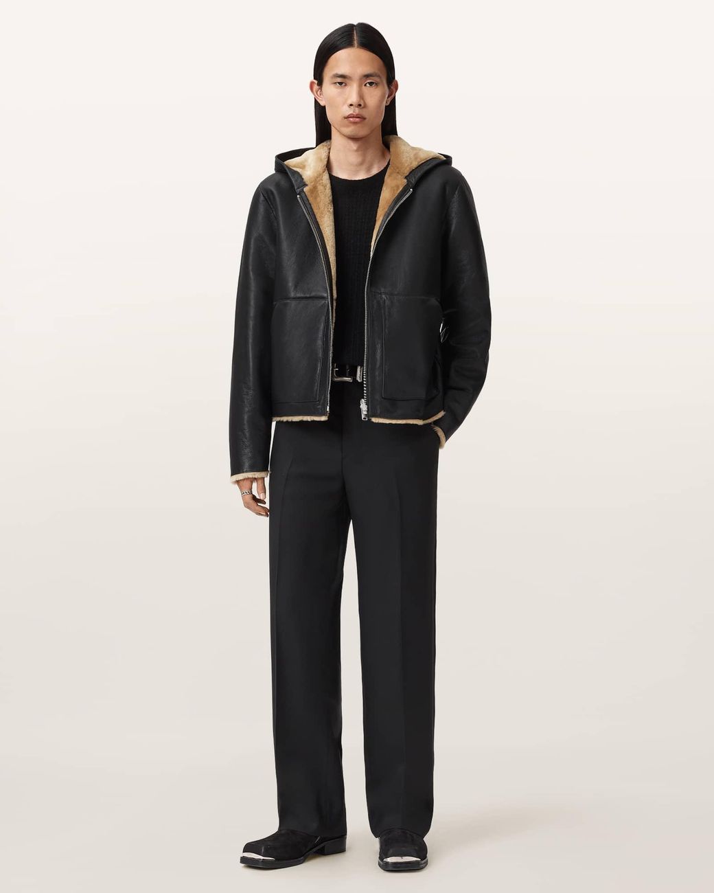 AllSaints Black Mostyn Shearling Bomber Jacket for men