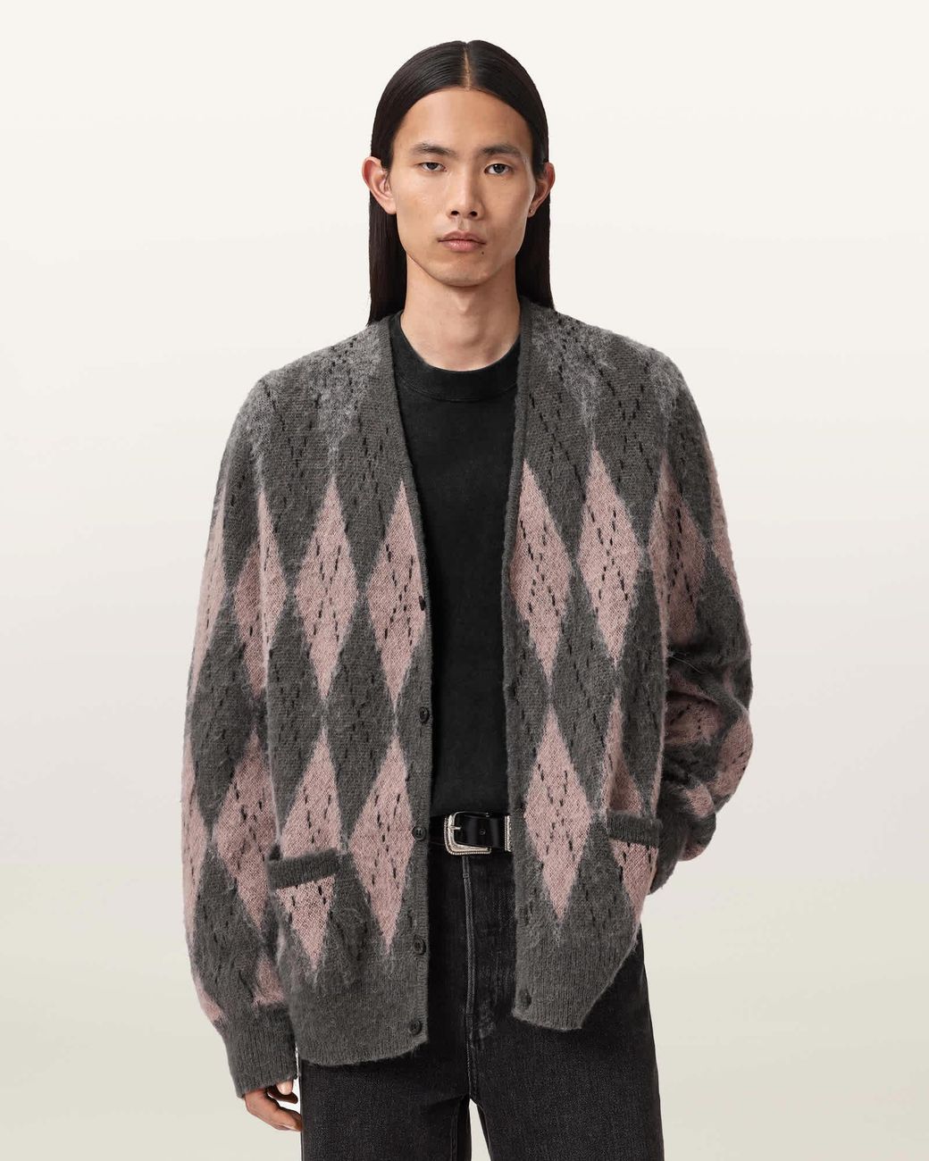 AllSaints Gray Andre Argyle Jacquard Cardigan for men