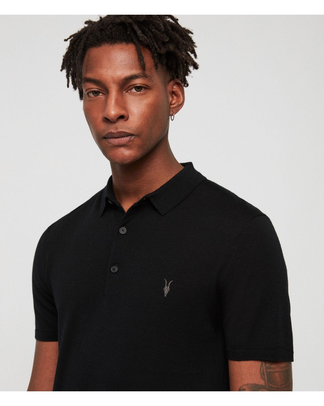 AllSaints Premium Merino Wool Slim Fit Mode Short Sleeve Polo Shirt, in  Black for Men | Lyst