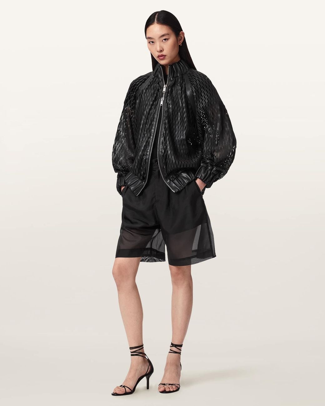 AllSaints Black Dual Relaxed Fit Leather Bomber Jacket