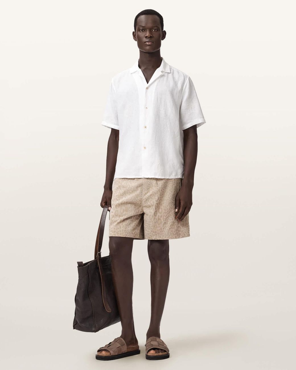 AllSaints Natural Hockley Relaxed Fit Suede Leopard Print Shorts for men