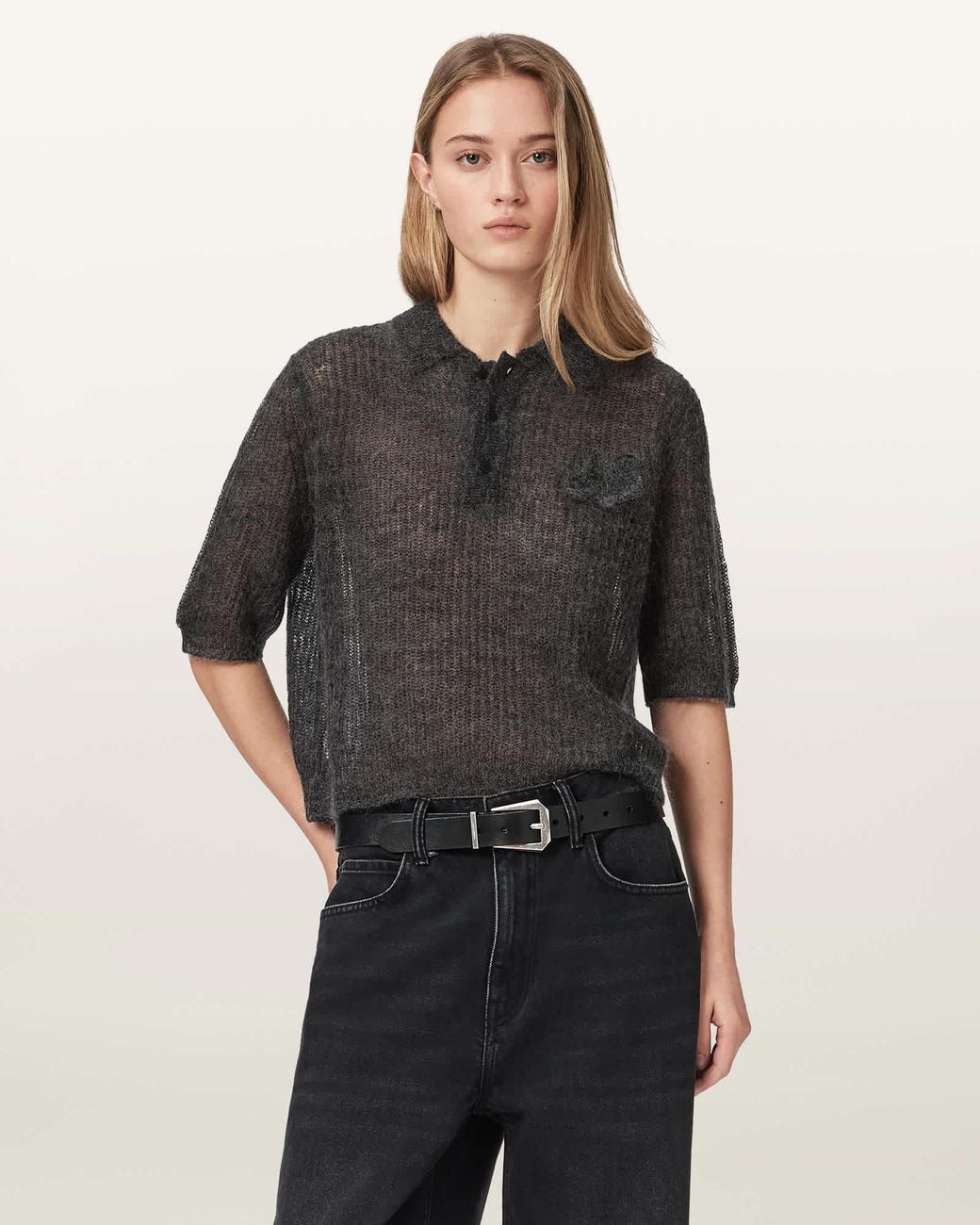 AllSaints Black Anabel Pointelle Embroidered Polo T-Shirt