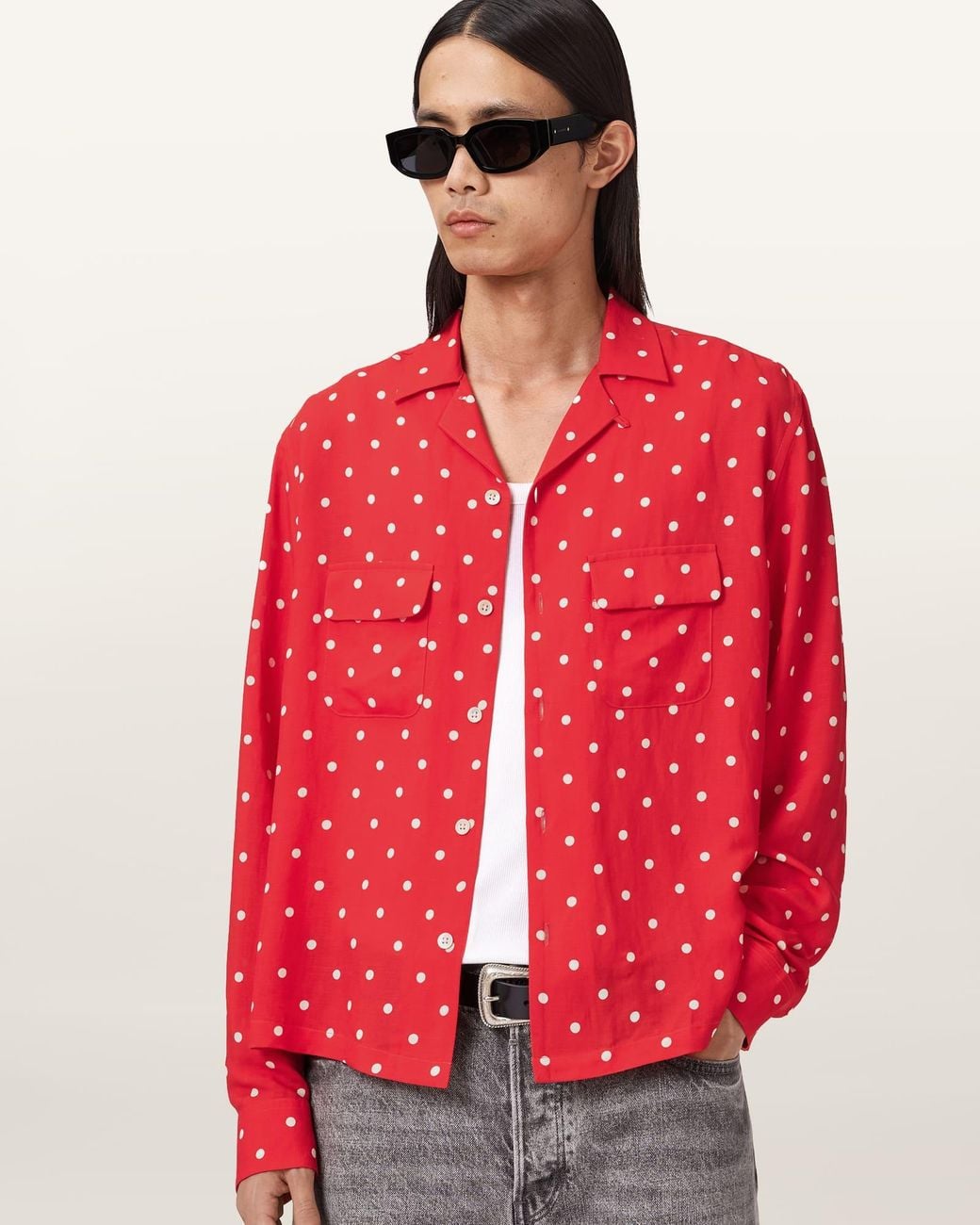 AllSaints Red Mini Polkadot Sheer Shirt for men